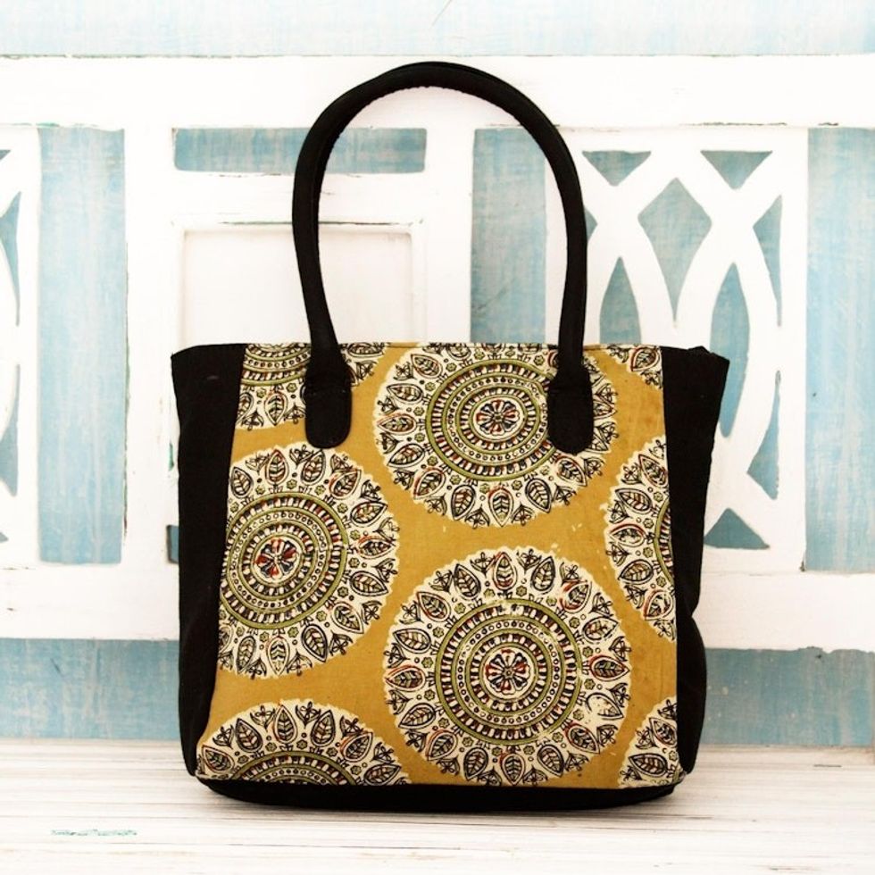 Floral Mandalas Block Print Cotton Tote Bag from India 'Blossoming Mandalas'