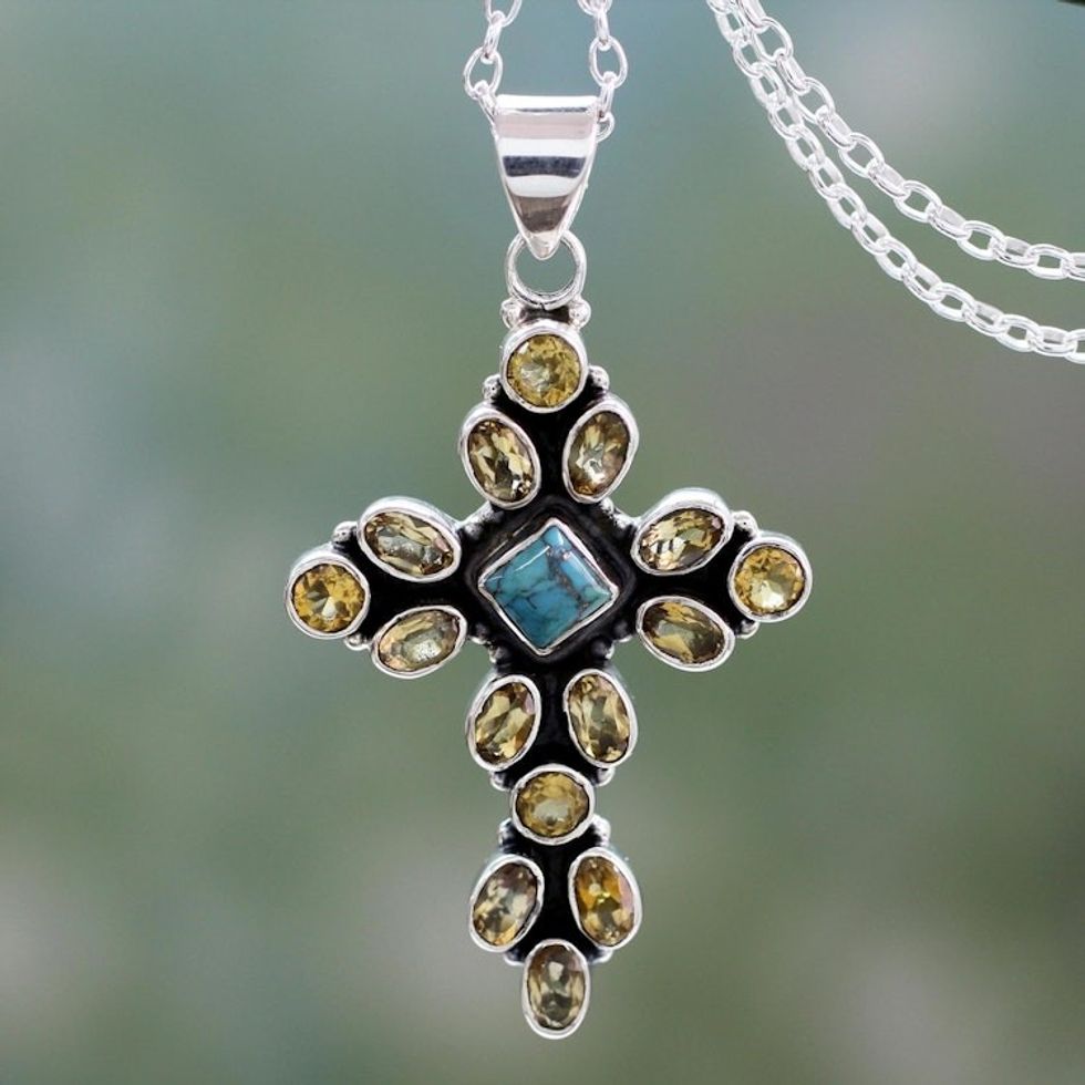 Citrine and Sterling Silver Necklace with Cross Pendant 'Radiant Cross'