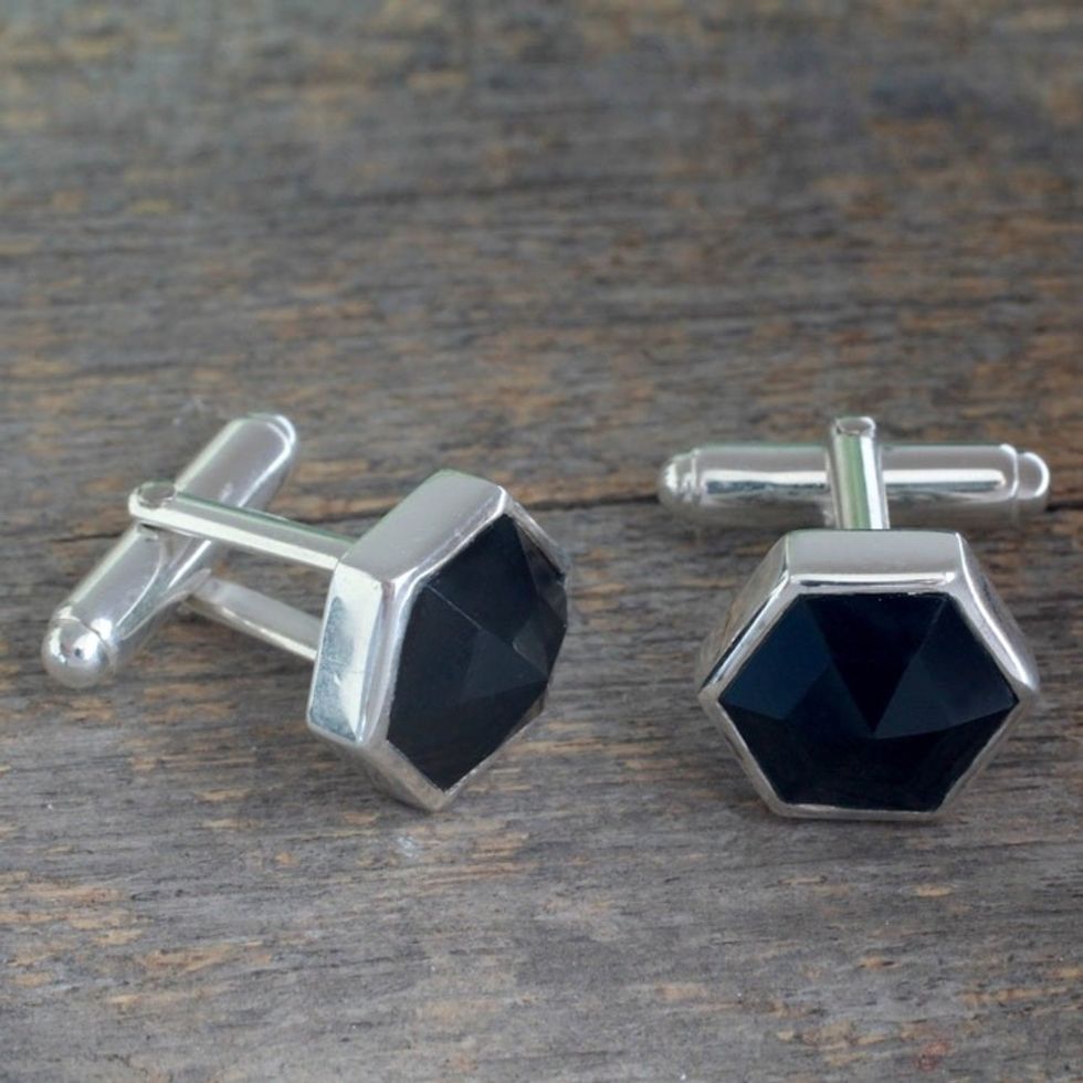 Modern Sterling Silver and Onyx Cufflinks from India 'Be a Star'