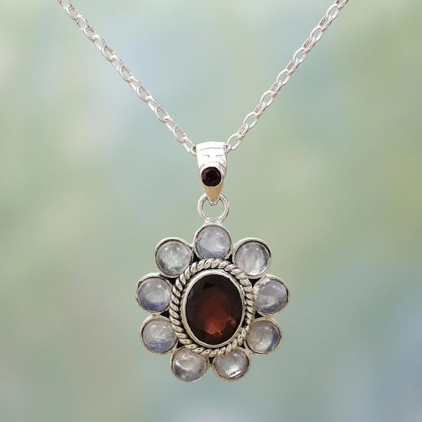 Alternate image for Rainbow Moonstone Garnet Sterling Silver Pendant Necklace Radiant Flower