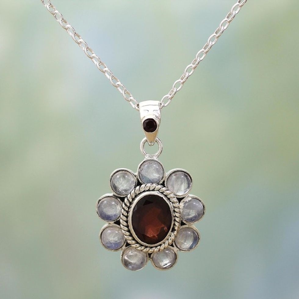 Rainbow Moonstone Garnet Sterling Silver Pendant Necklace 'Radiant Flower'
