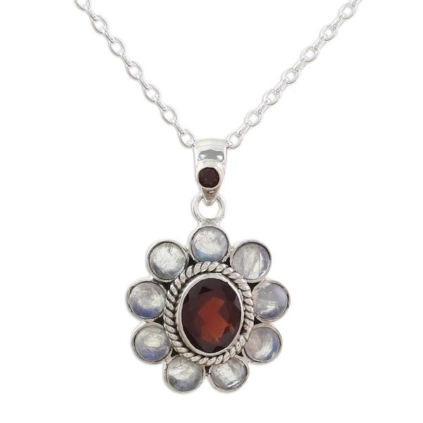 Alternate image for Rainbow Moonstone Garnet Sterling Silver Pendant Necklace Radiant Flower
