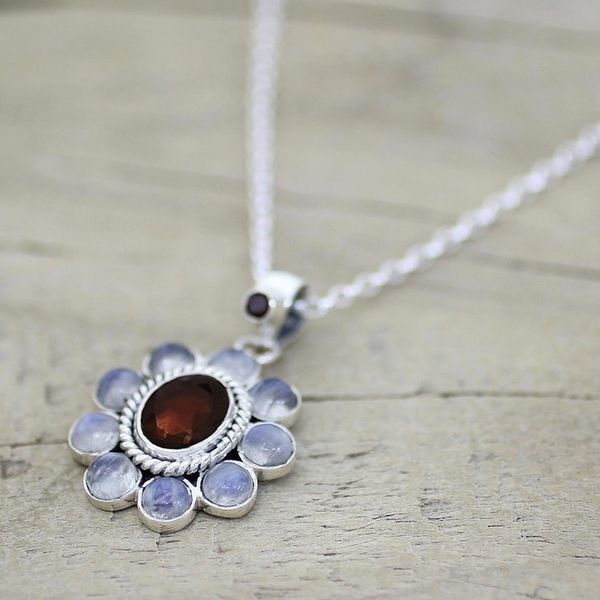 Alternate image for Rainbow Moonstone Garnet Sterling Silver Pendant Necklace Radiant Flower