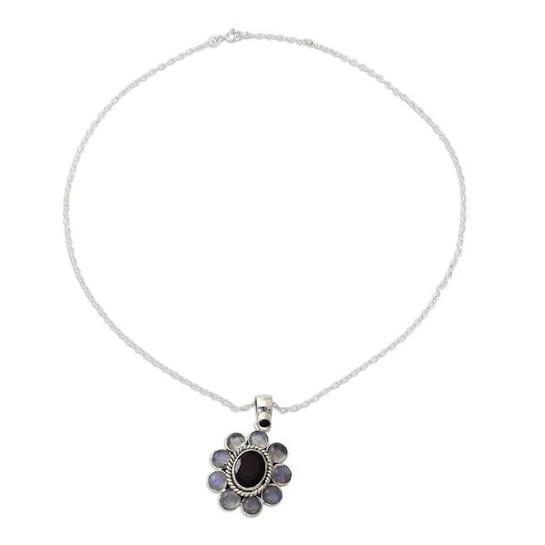 Alternate image for Rainbow Moonstone Garnet Sterling Silver Pendant Necklace Radiant Flower
