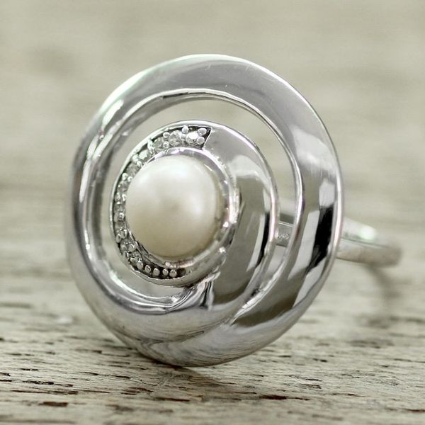 Alternate image for Contemporary Silver Cultured Pearl Ring with Cubic Zirconia Peaceful Allure