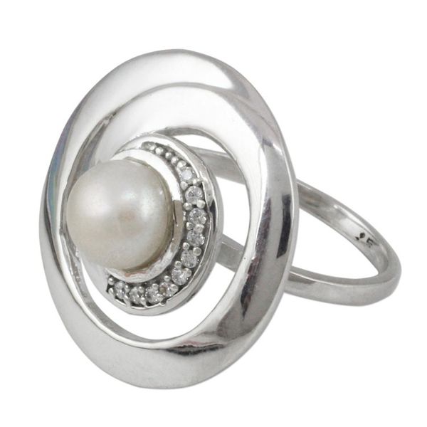 Alternate image for Contemporary Silver Cultured Pearl Ring with Cubic Zirconia Peaceful Allure