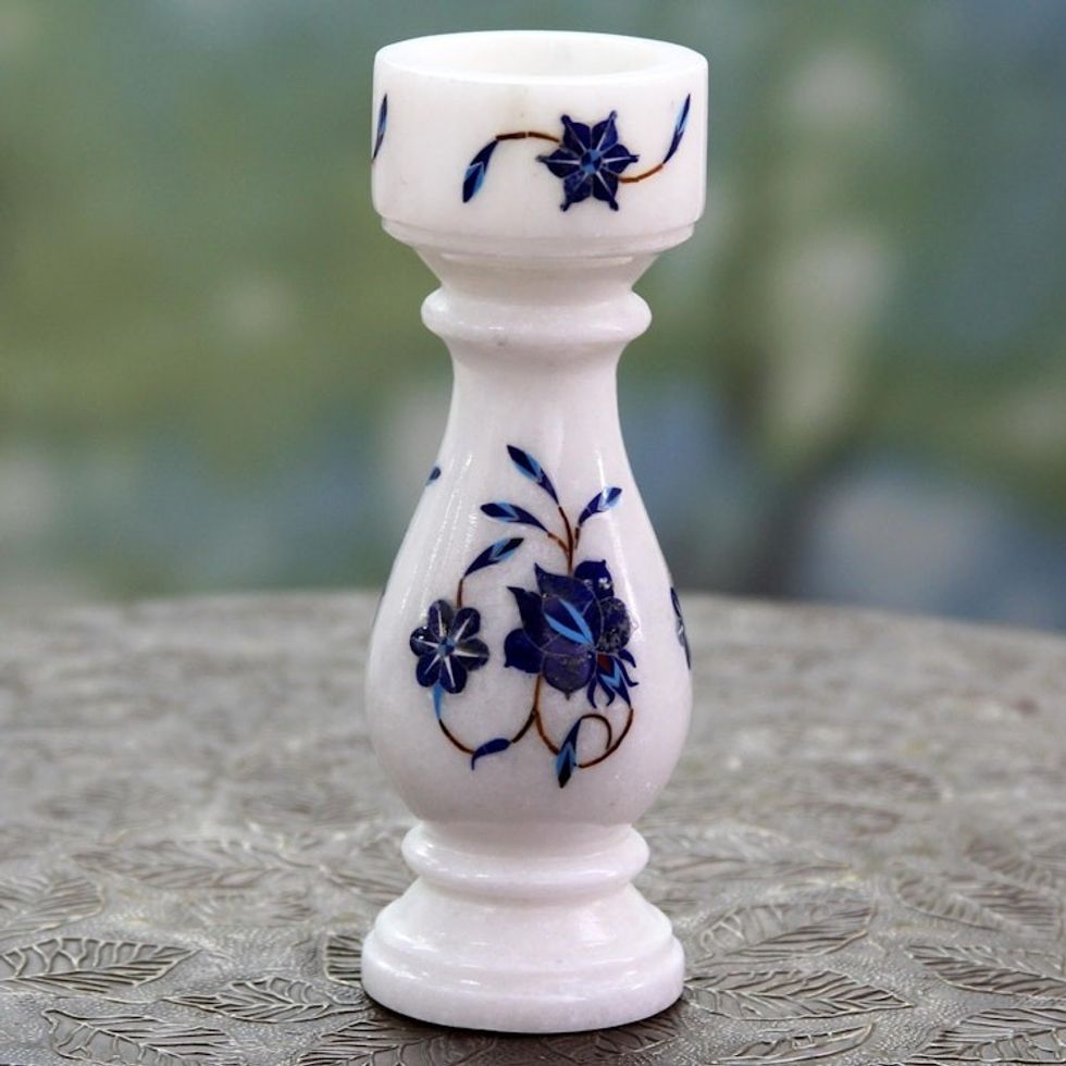 Indian Stone Inlay Blue Floral Marble Candleholder 'Blue Rose of Agra'
