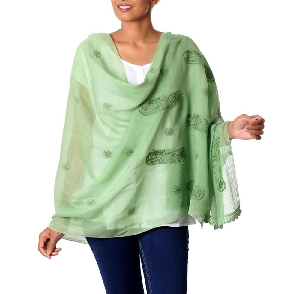 Sheer Lightweight Green Paisley Cotton Blend Shawl 'Green Paisley Dreams'
