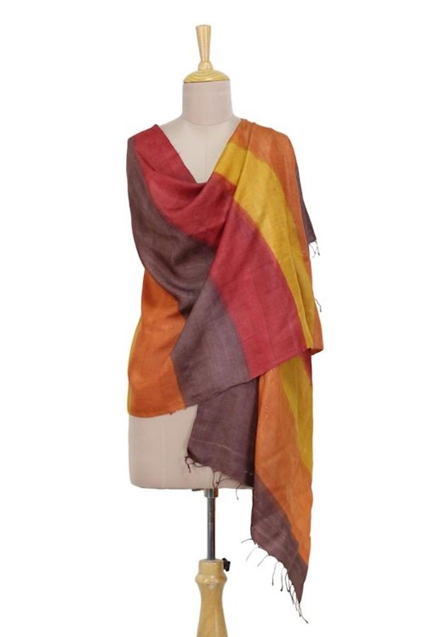 Alternate image for Hand Woven Multicolored Striped Silk Shawl from India Dusk Stripes