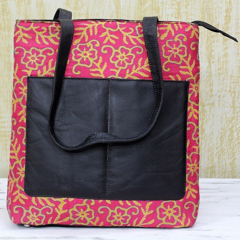 Kantha Embroidered Silk Shoulder Bag in Deep Rose from India 'Deep Rose Festivity'
