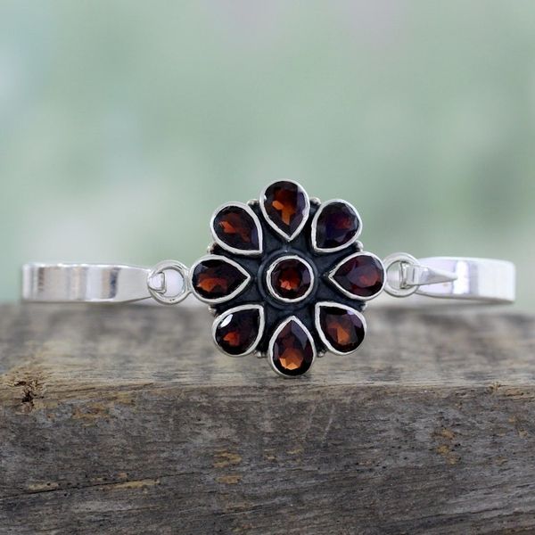 Alternate image for Handmade Garnet and Sterling Silver Floral Bangle Bracelet Garnet Floral