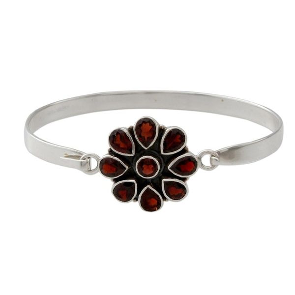 Alternate image for Handmade Garnet and Sterling Silver Floral Bangle Bracelet Garnet Floral