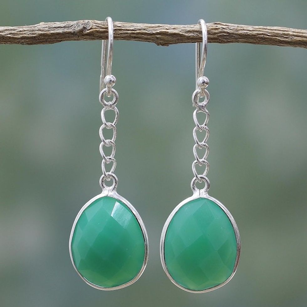 Green Onyx Sterling Silver Dangle Earrings from India 'Protective Green'
