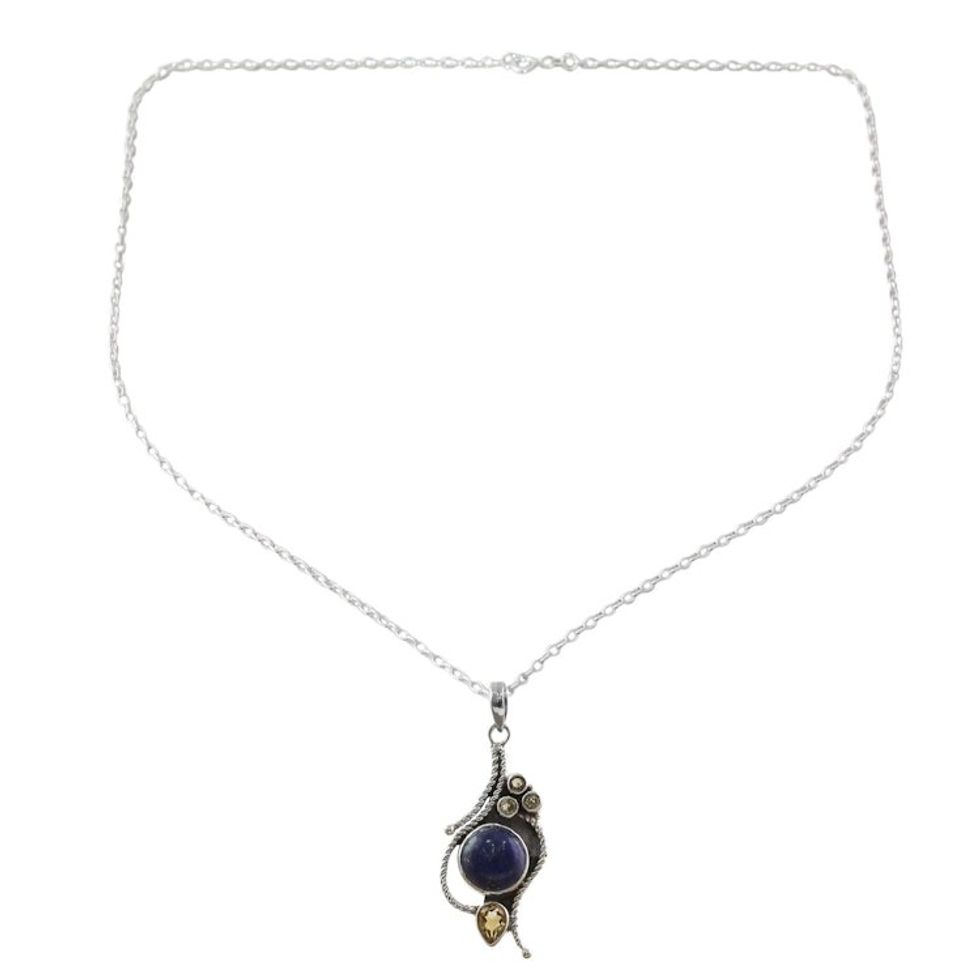 Hand Made Citrine Lapis Lazuli Pendant Necklace from India 'Starry Bliss'
