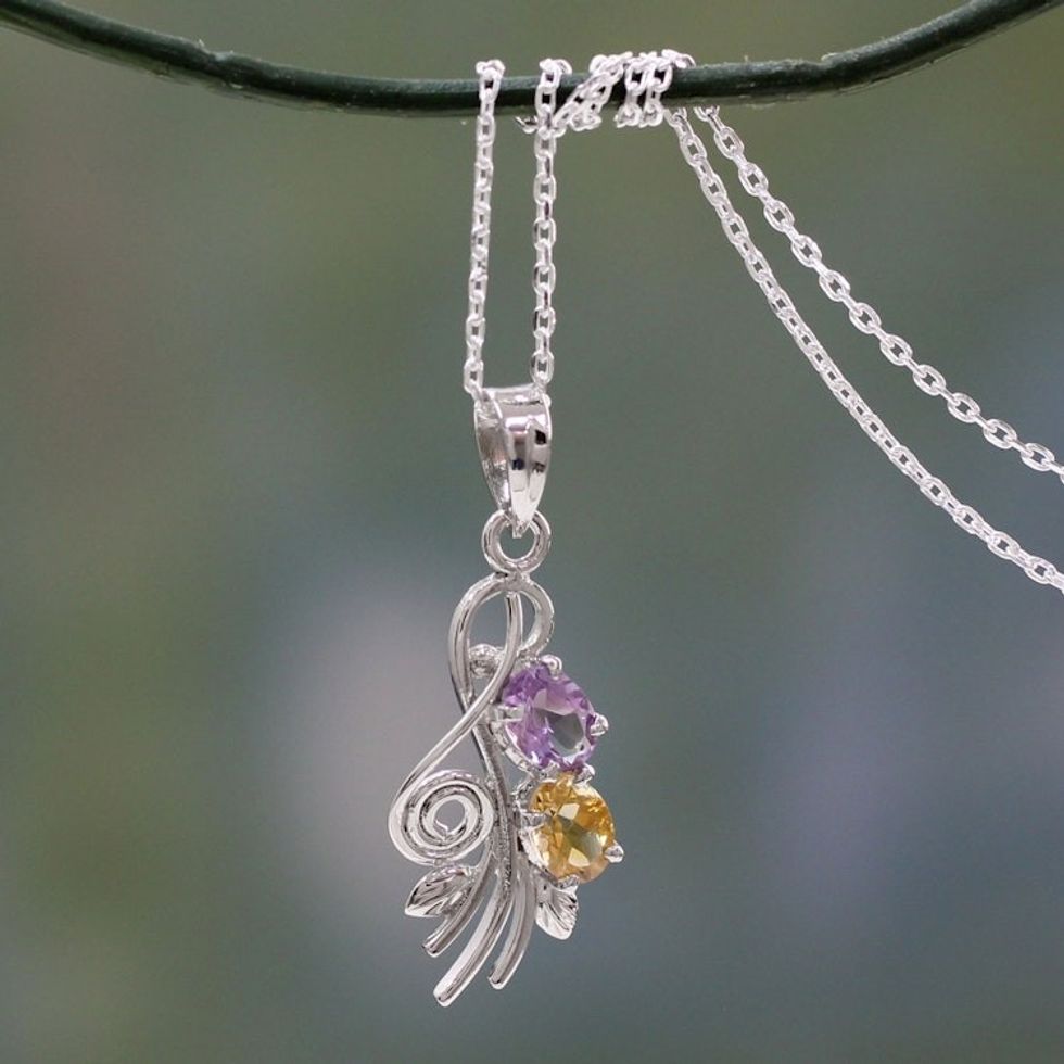 Artisan Crafted India Necklace with Amethyst and Citrine 'Tropical Bouquet'
