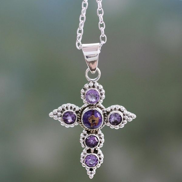 Alternate image for Handcrafted Amethyst and Sterling Silver Cross Necklace Divine Harmony