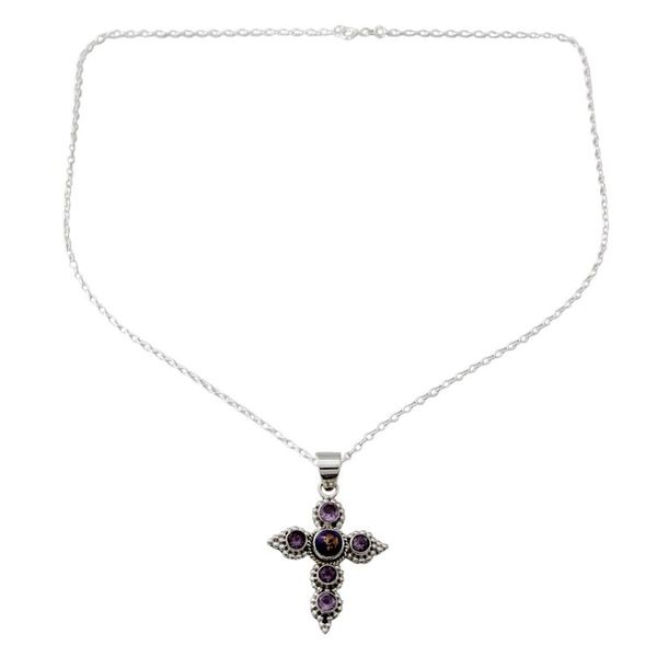 Alternate image for Handcrafted Amethyst and Sterling Silver Cross Necklace Divine Harmony