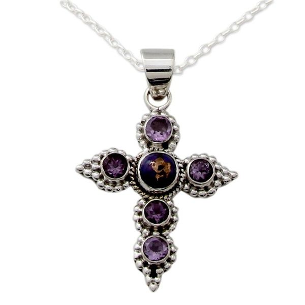 Alternate image for Handcrafted Amethyst and Sterling Silver Cross Necklace Divine Harmony