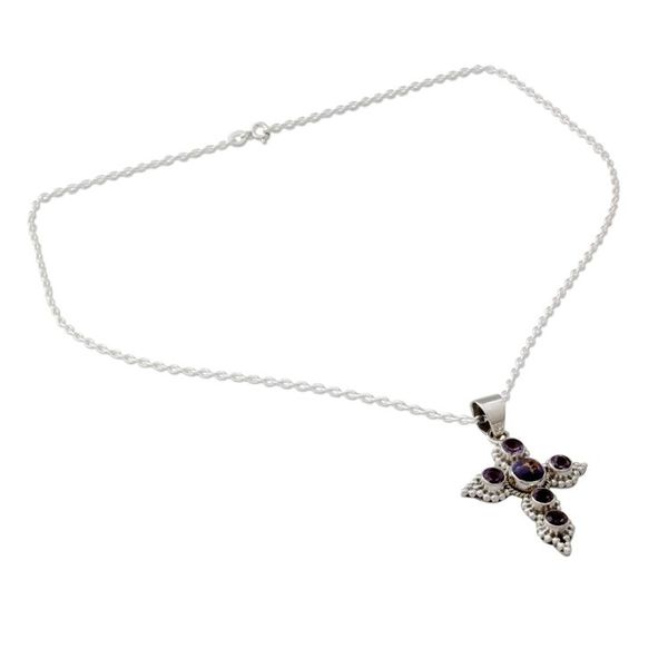 Alternate image for Handcrafted Amethyst and Sterling Silver Cross Necklace Divine Harmony