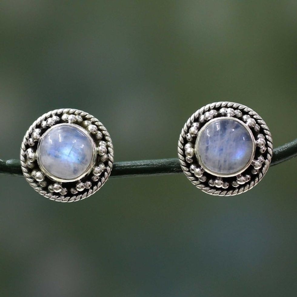 Artisan Crafted Sterling Silver Rainbow Moonstone Earrings 'Lavish Moons'