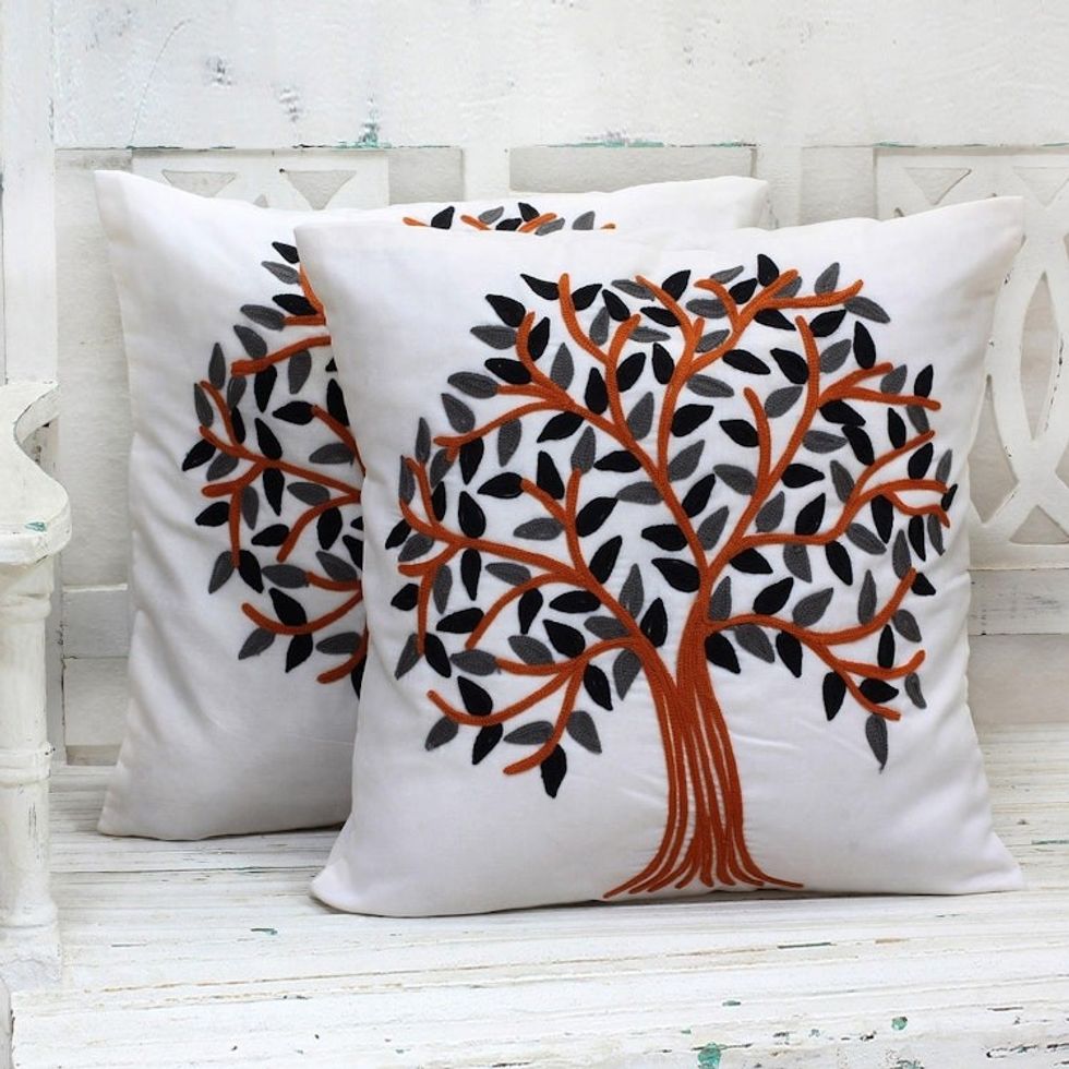 Embroidered Cotton Cushion Covers Pumpkin Tree Pair India 'Summer Quiet'