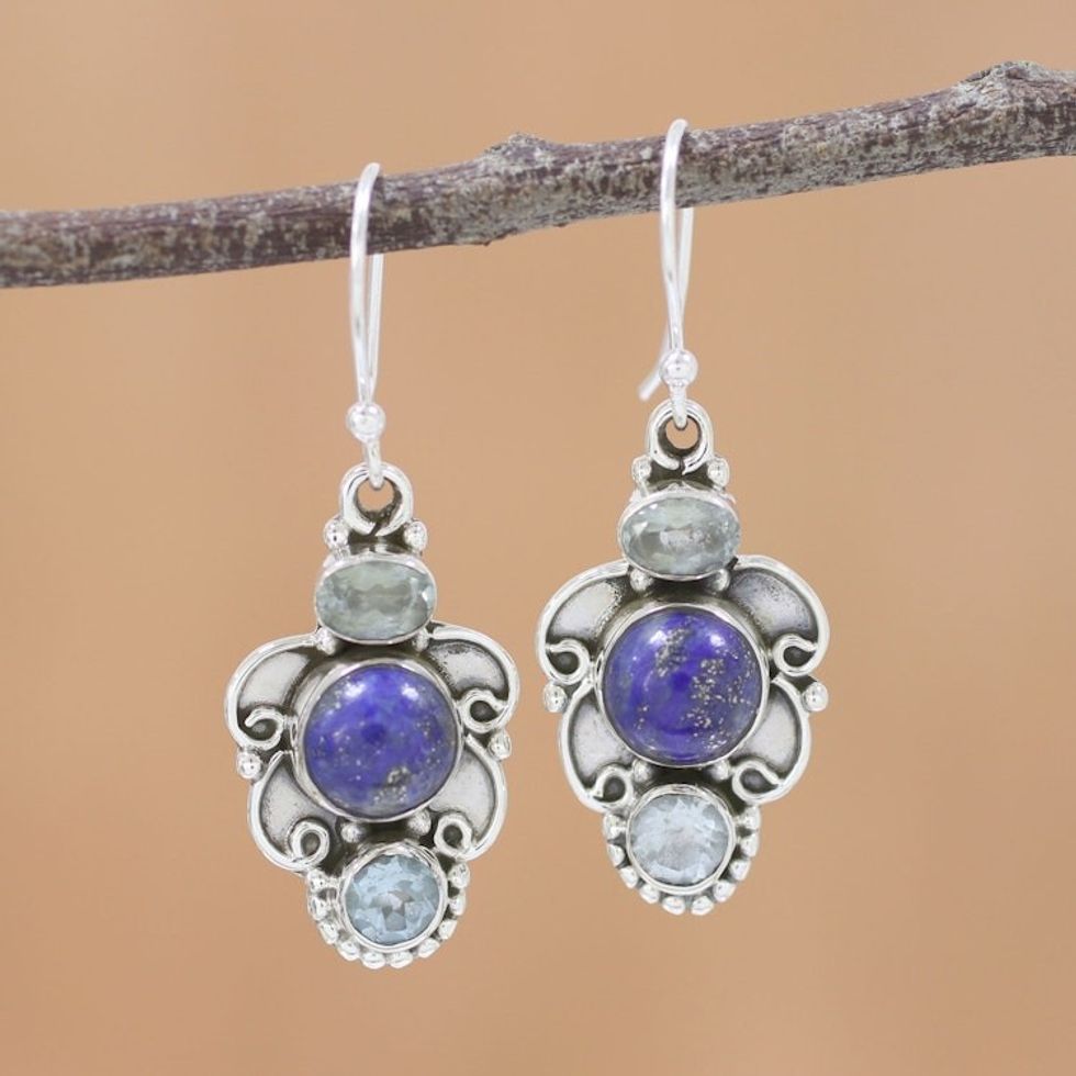 Sterling Silver Earrings with Blue Topaz and Lapis Lazuli 'Blue Alliance'