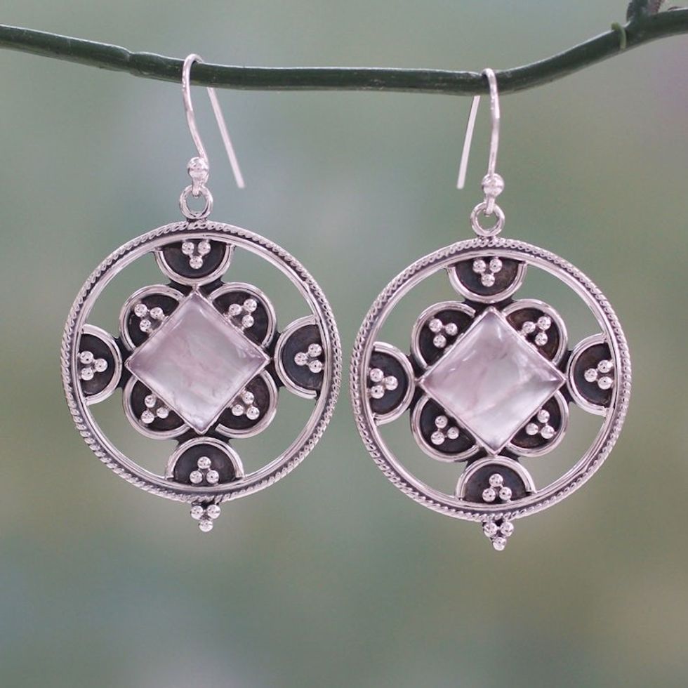 Sterling Silver and Rose Quartz Hook Earrings from India 'Jaipur Romance'