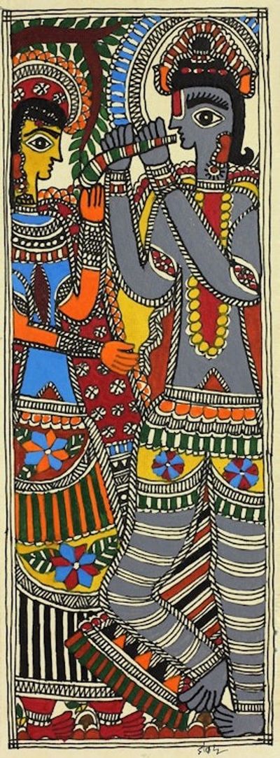 Alternate image for Indian Krishna and Radha Madhubani Folk Art Painting Celestial Couple III