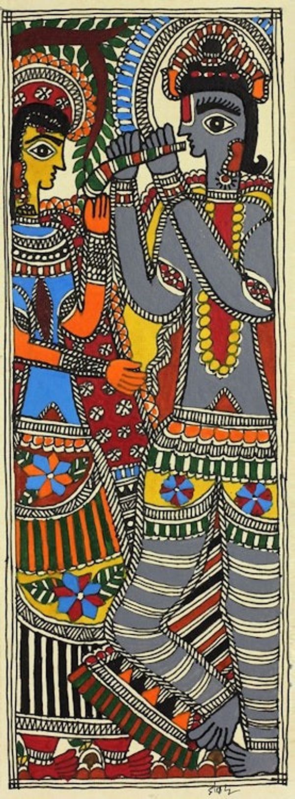 Image for Indian Krishna and Radha Madhubani Folk Art Painting Celestial Couple III