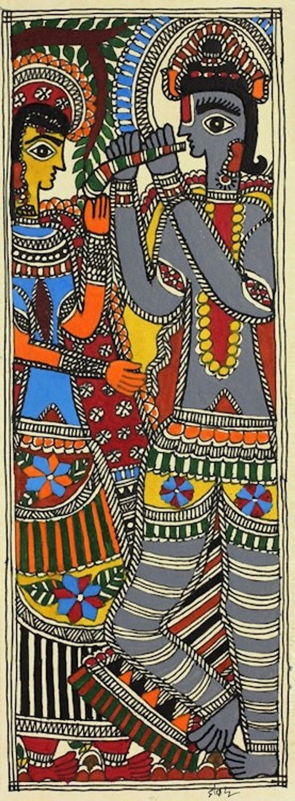 Indian Krishna and Radha Madhubani Folk Art Painting 'Celestial Couple III'
