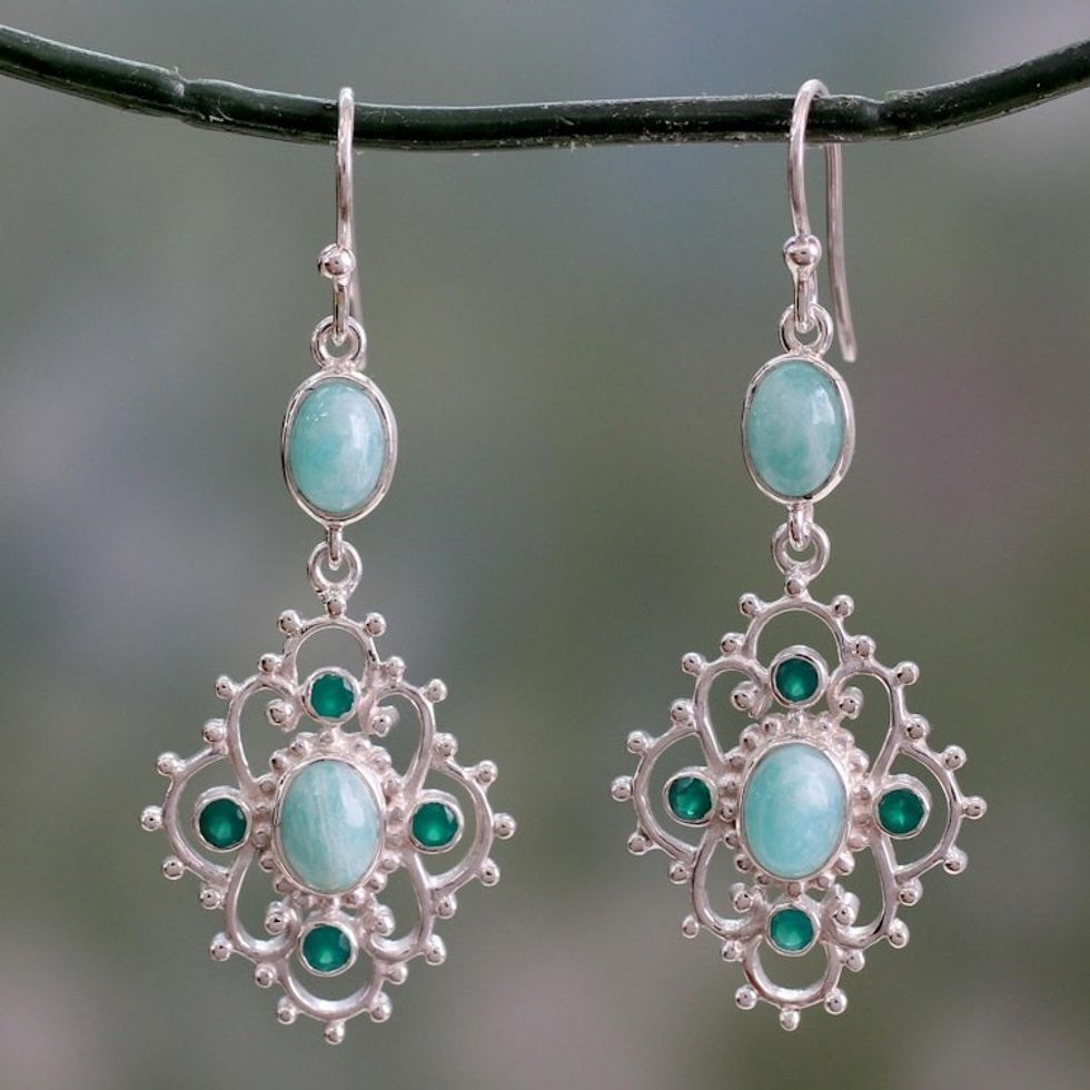 Silver Dangle Earrings with Amazonite and Green Onyx 'Garden Trellis'