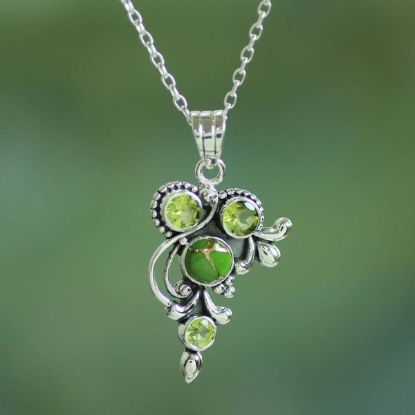 Alternate image for Hand Crafted Peridot and Sterling Silver Pendant Necklace Mystic Forest Jaipur