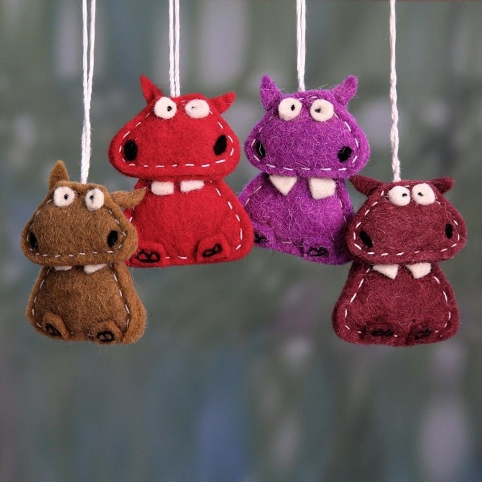 Assorted Color Wool Felt Hippo Ornaments Set of 4 'Curious Hippos'