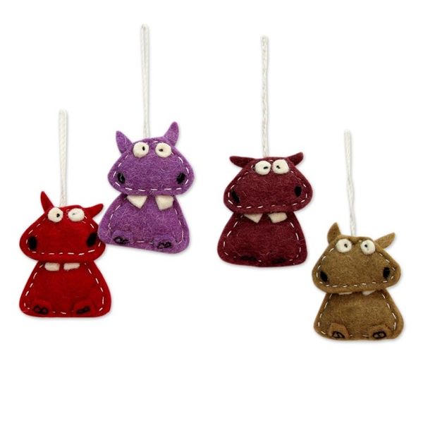 Alternate image for Assorted Color Wool Felt Hippo Ornaments Set of 4 Curious Hippos