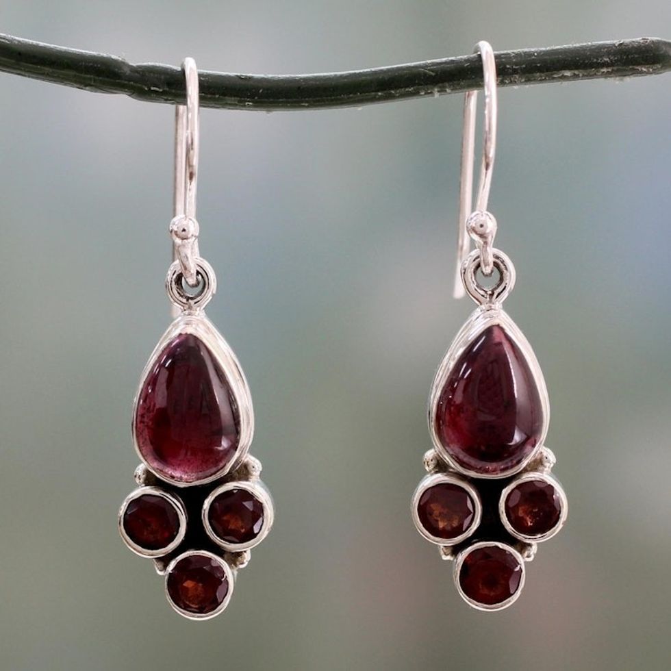 Indian Sterling Silver and Garnet Dangle Hook Earrings 'Scarlet Meadow'