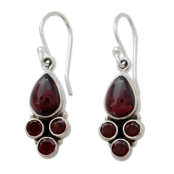 Alternate image for Indian Sterling Silver and Garnet Dangle Hook Earrings Scarlet Meadow