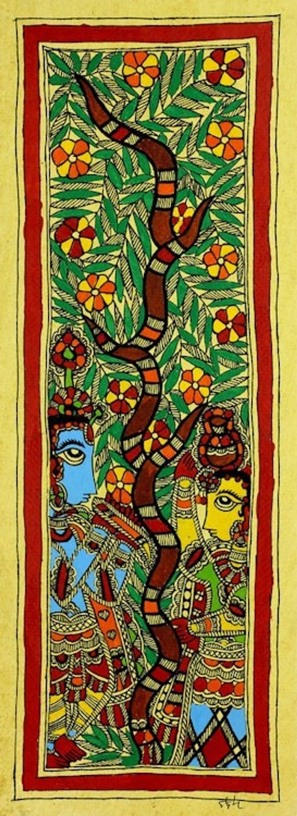 Radha and Krishna Authentic India Madhubani Painting 'The Benevolent Couple'
