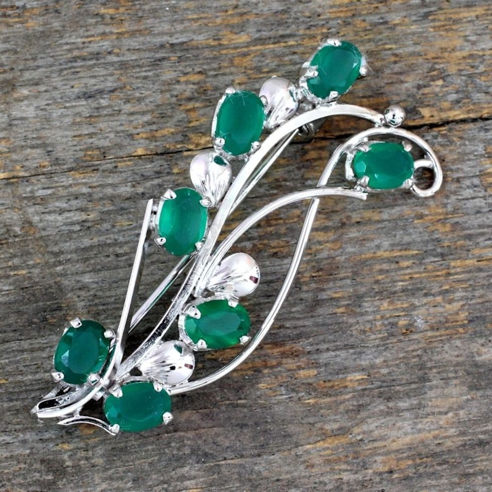 Artisan Crafted Green Onyx and Silver Brooch Pin from India 'Forest Foliage'