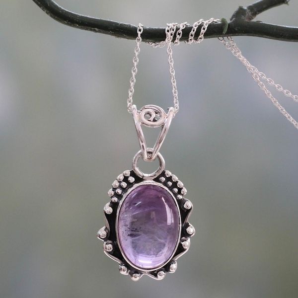 Alternate image for Amethyst Pendant Necklace with Polished and Oxidized Silver Twilight Mist