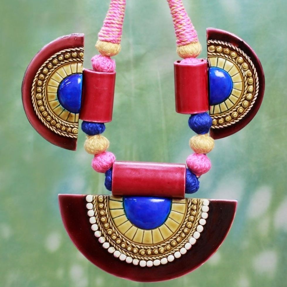 Ceramic Pendants on Artisan Crafted Indian Cotton Necklace 'Eastern Suns'