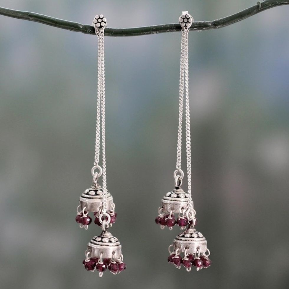 Indian Sterling Silver Detachable Garnet Jhumki Earrings 'Wedding Bells'