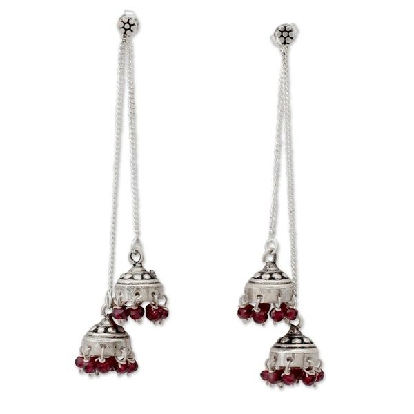 Alternate image for Indian Sterling Silver Detachable Garnet Jhumki Earrings Wedding Bells