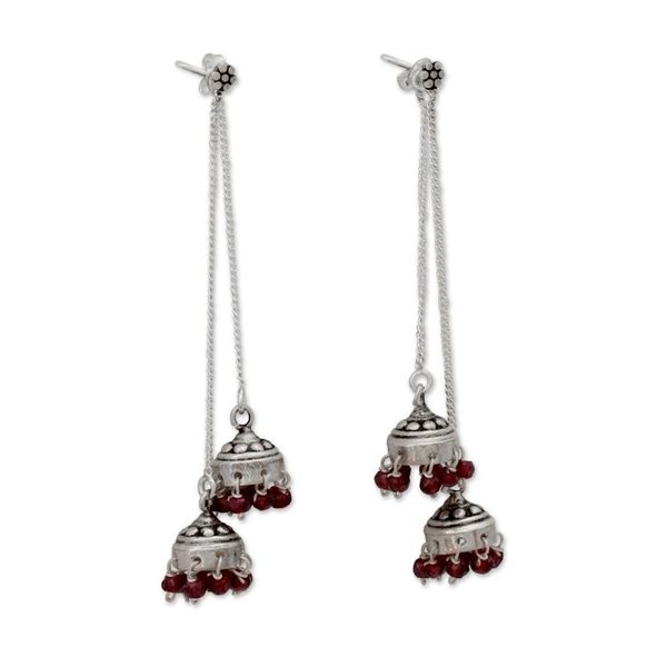 Alternate image for Indian Sterling Silver Detachable Garnet Jhumki Earrings Wedding Bells