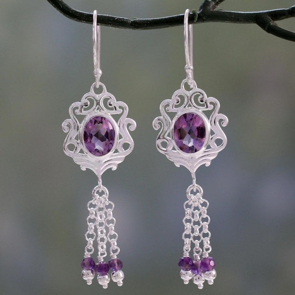 Ornate Sterling Silver Earrings with 5 Carats of Amethyst 'Purple Mughal Flair'