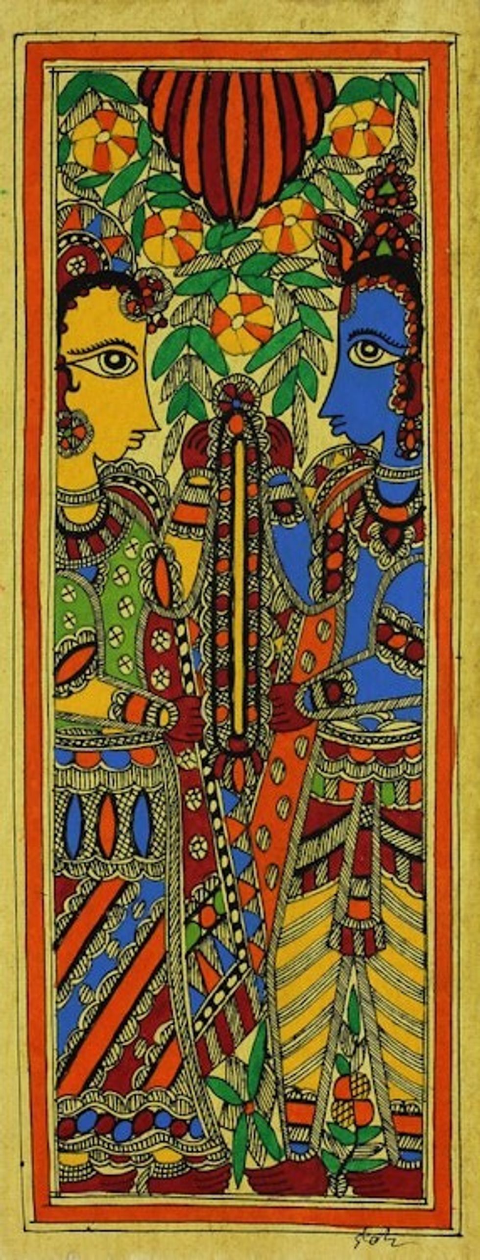 Authentic India Madhubani Ramayana Theme Painting 'Rama and Sita Union'