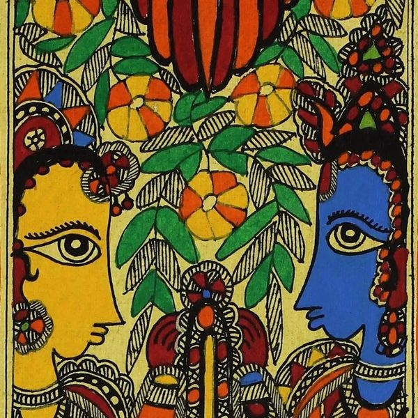 Alternate image for Authentic India Madhubani Ramayana Theme Painting Rama and Sita Union