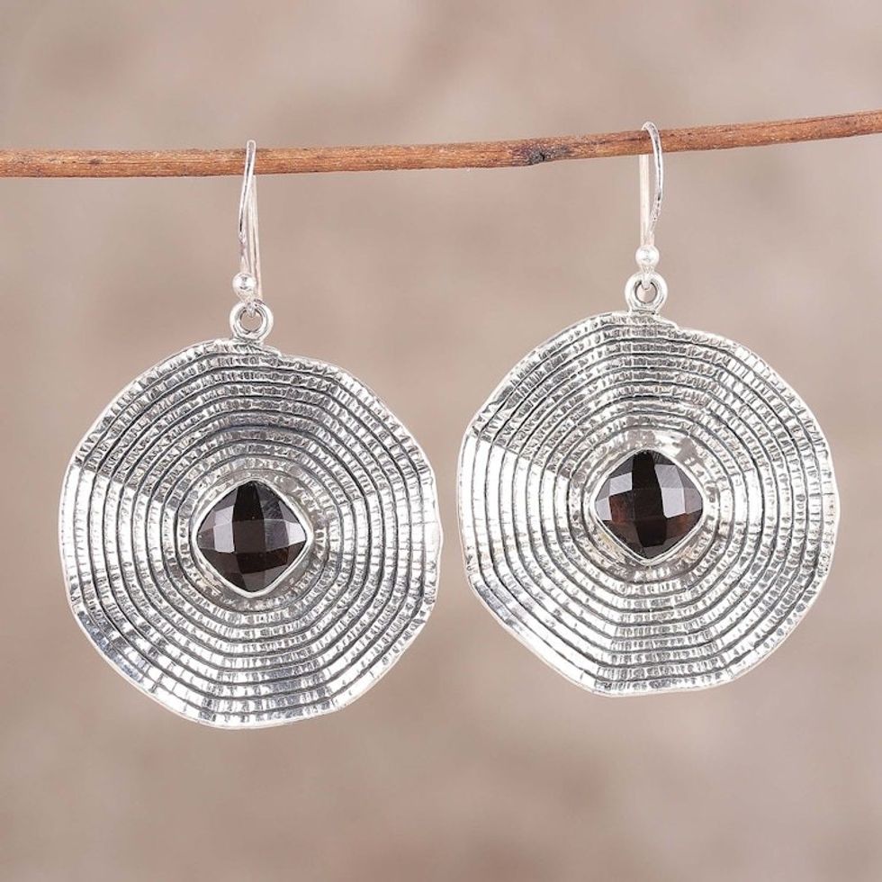 Sterling Silver Smoky Quartz Floral Disc Dangle Earrings 'Brown Floral Spell'
