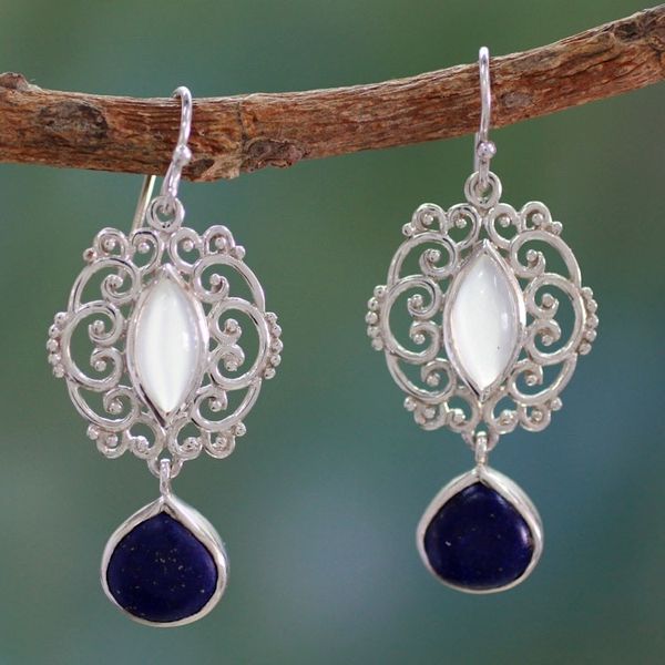 Alternate image for Moonstone Lapis Lazuli and Silver Earrings from India Simply Sumptuous