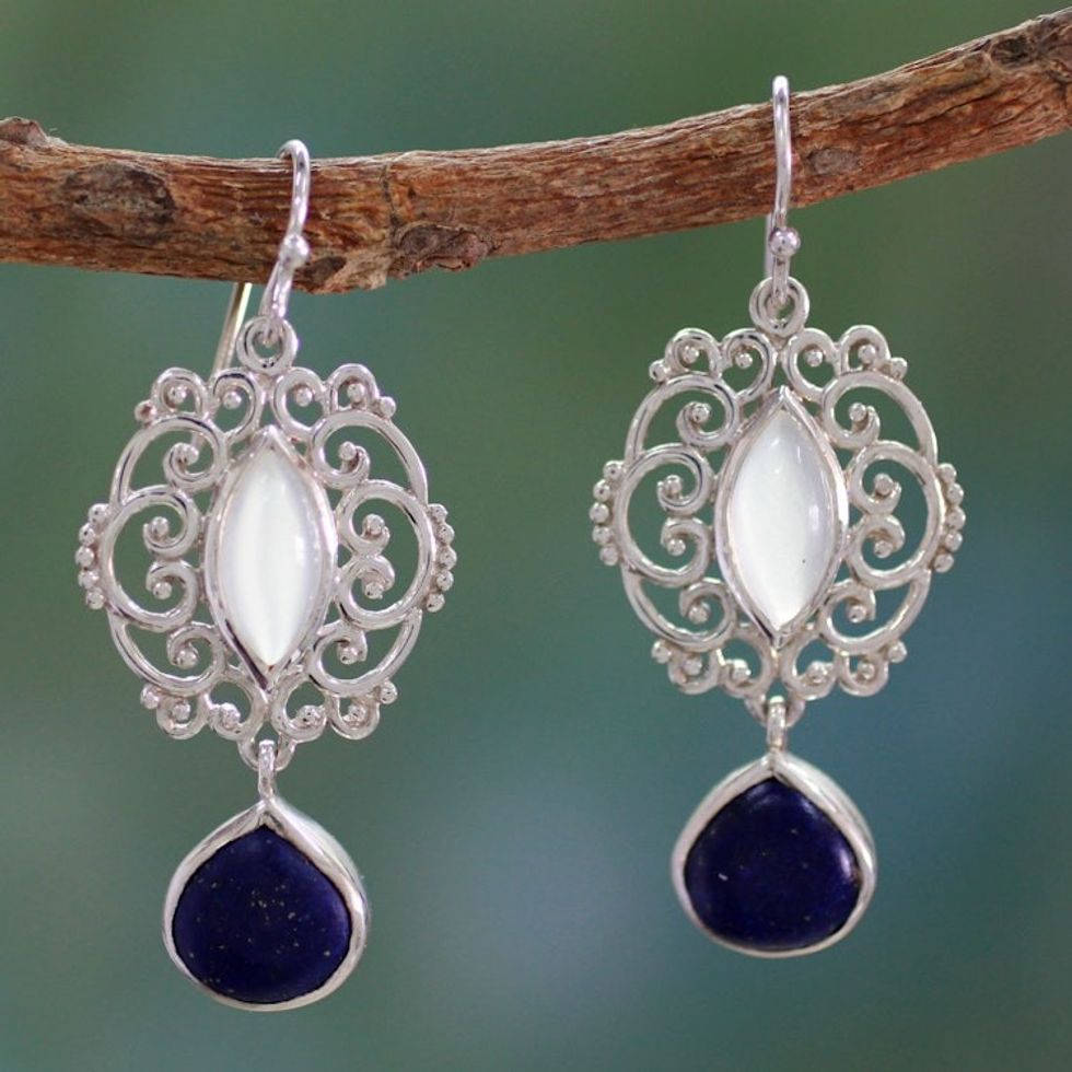 Moonstone Lapis Lazuli and Silver Earrings from India 'Simply Sumptuous'