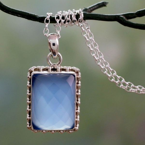 Alternate image for Sterling Silver Necklace from India with Blue Chalcedony Gem Good Will Spirit